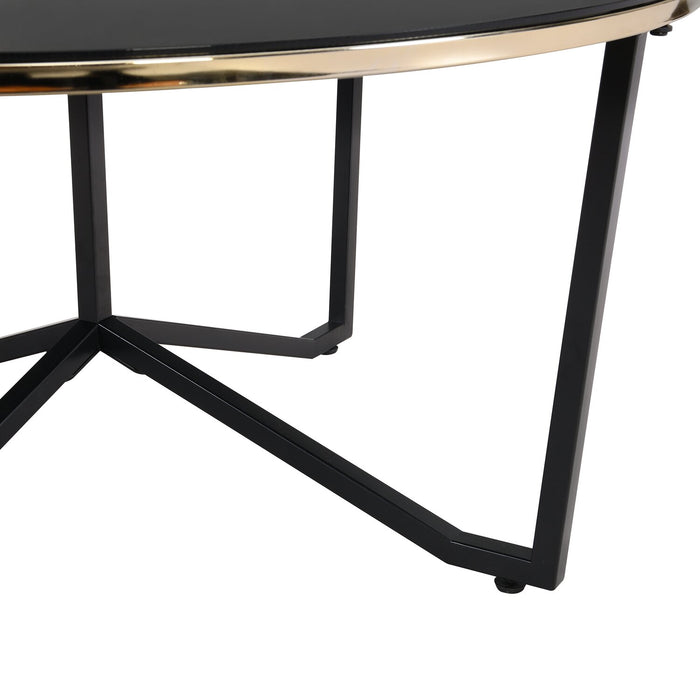 Table à café ronde moderne Xander de 36 po avec dessus en verre - noire et dorée avec pattes en métal