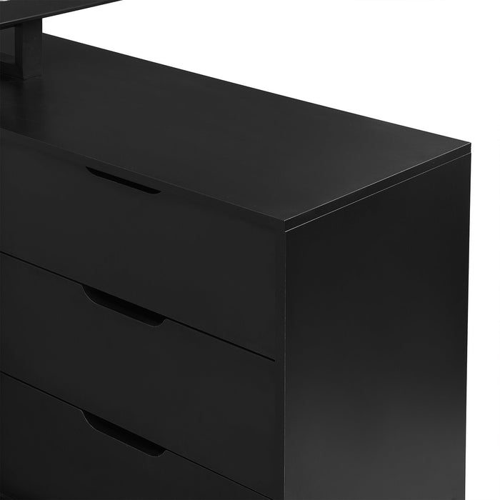 Bureau en forme de L Daniel de 55.11 po avec dessus en verre et rangement - noir