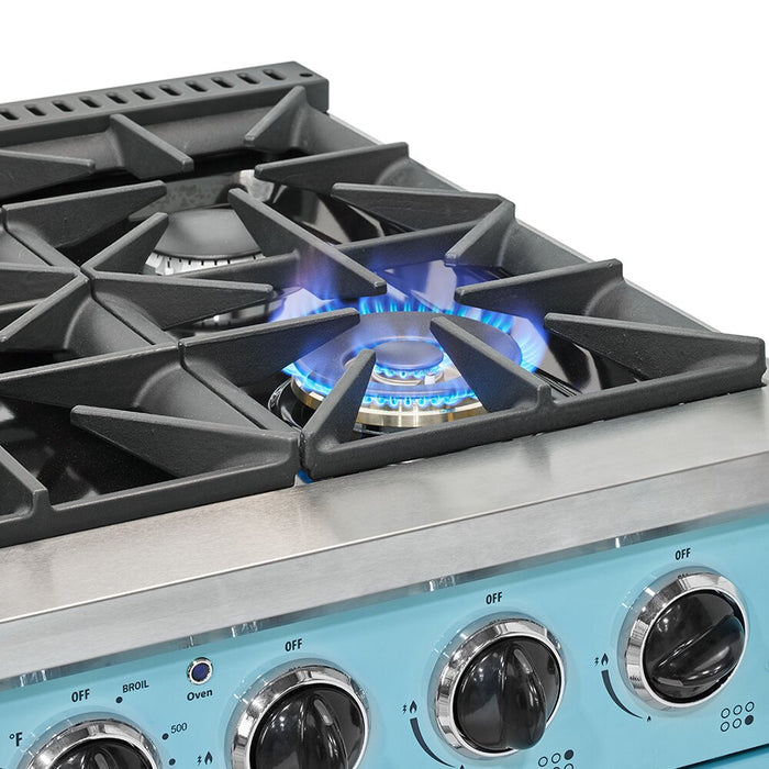 Cuisinière à gaz Classic Rétro par Unique de 36 po et de 5,2 pi3 à 6 brûleurs avec convection - turquoise brume marine - UGP-36CR T