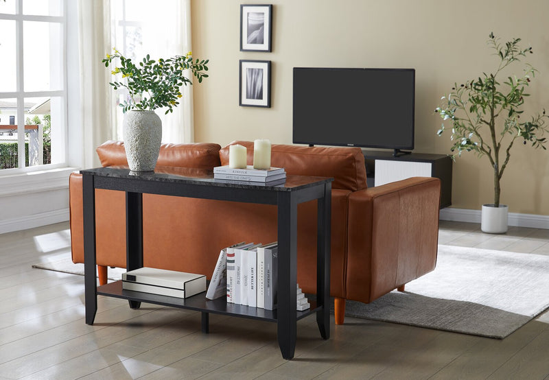 Table de salon rustique Roma de 44 po avec tablette - imitation de marbre noire