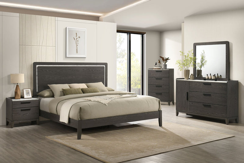 Ensemble de chambre à coucher Sable gris foncé 5 pièces avec lit, commode et miroir - format très grand lit