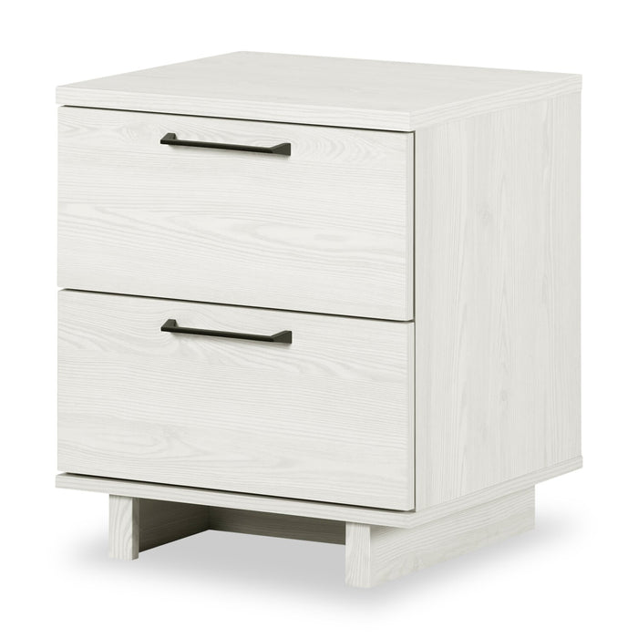 Ensemble lit plateforme Everley 5 pièces avec tête de lit à panneau, commode verticale et table de nuit, blanc - format lit double