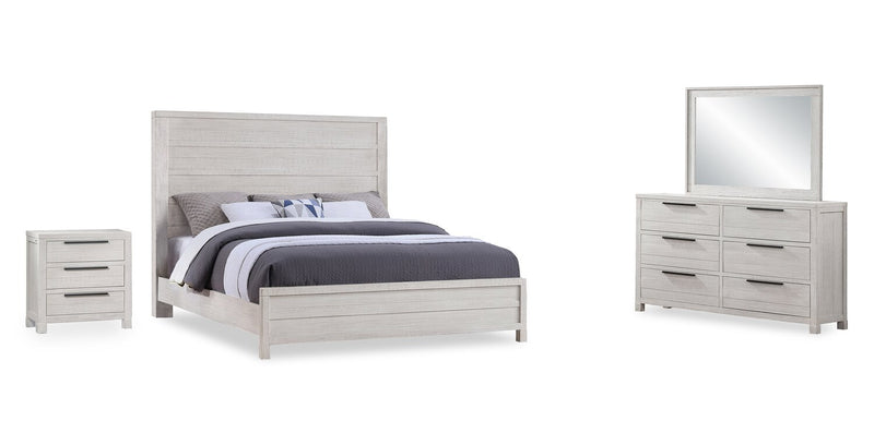 Ensemble de chambre à coucher Haven 6 pièces blanc avec lit à panneaux, commode, miroir et table de nuit - format très grand lit
