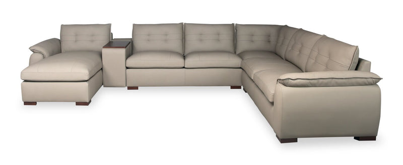 Sofa sectionnel modulaire de gauche Raya 5 pièces en cuir véritable avec console de rangement et pattes en bois - beige pierre