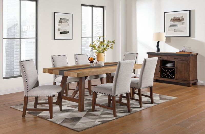 Ensemble de salle à manger Boden 7 pièces avec table de 78 po (L), base à tréteaux et 6 chaises à bordure de clous décoratifs - brun et beige