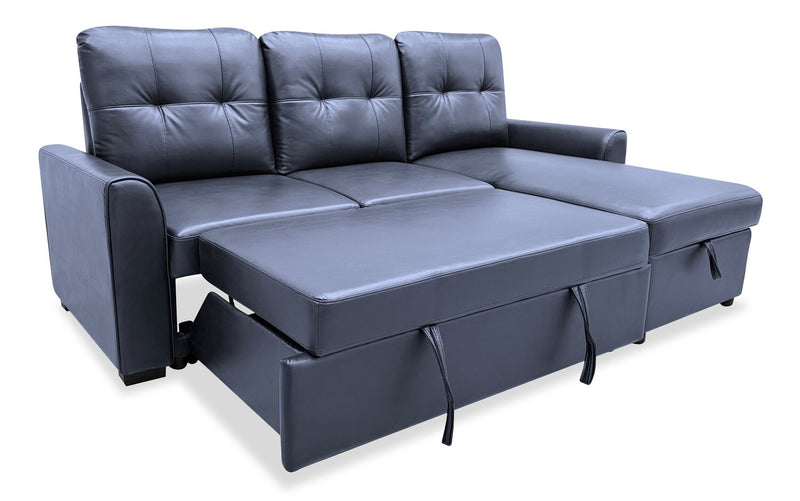 Sofa-lit sectionnel de droite Carter 2 pièces en tissu d’apparence cuir avec fauteuil long de rangement - noir