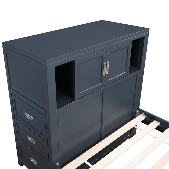 Lit plateforme Quinn avec tête de lit bibliothèque, bureau intégré et tabouret, bleu - format lit double