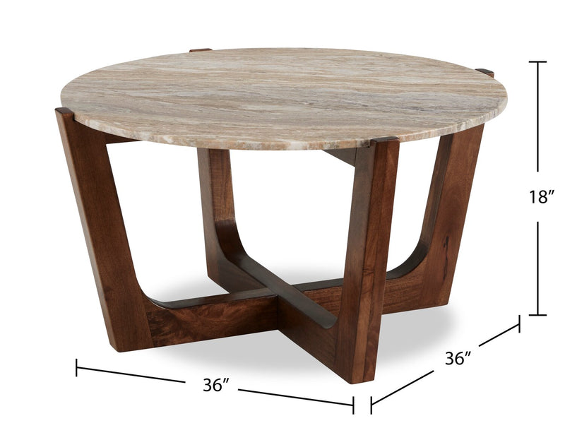 Table à café moderne Haydon de 36 po avec marbre naturel - brun chaleureux