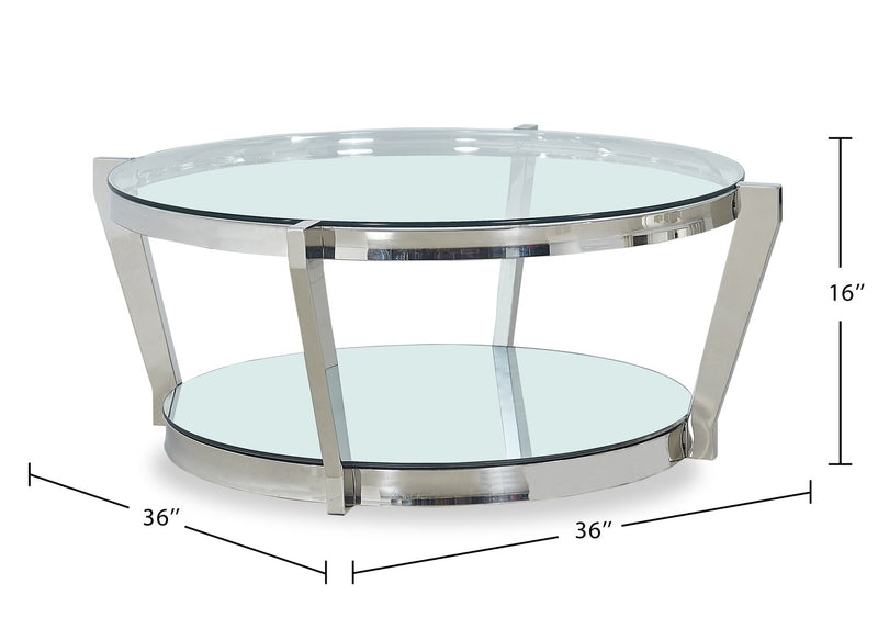 Table à café ronde moderne Yonge de 36 po avec dessus en verre et tablette - fini chromé avec acier inoxydable