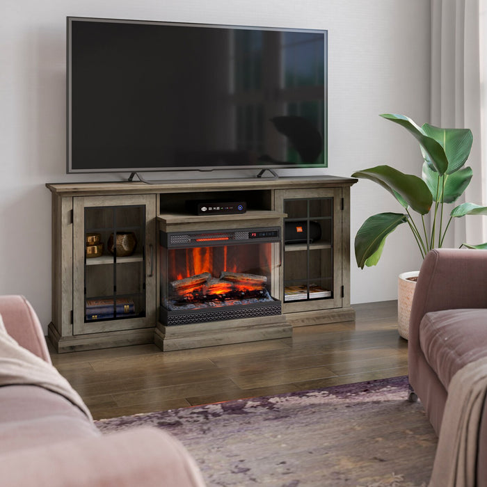 Meuble pour téléviseur Manhasset de 63 po avec foyer électrique et rangement pour téléviseurs jusqu’à 70 po - pin de vallée