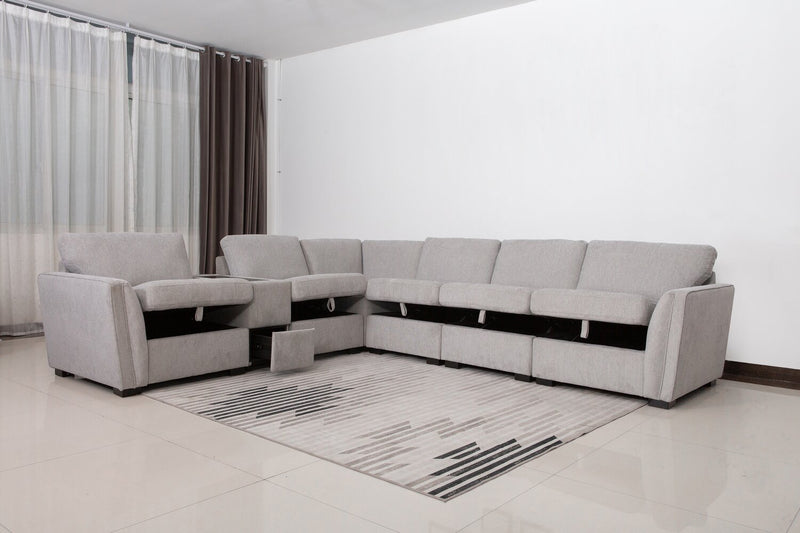 Sofa sectionnel Vault 7 pièces avec 5 fauteuils de rangement et console de rangement avec USB - gris