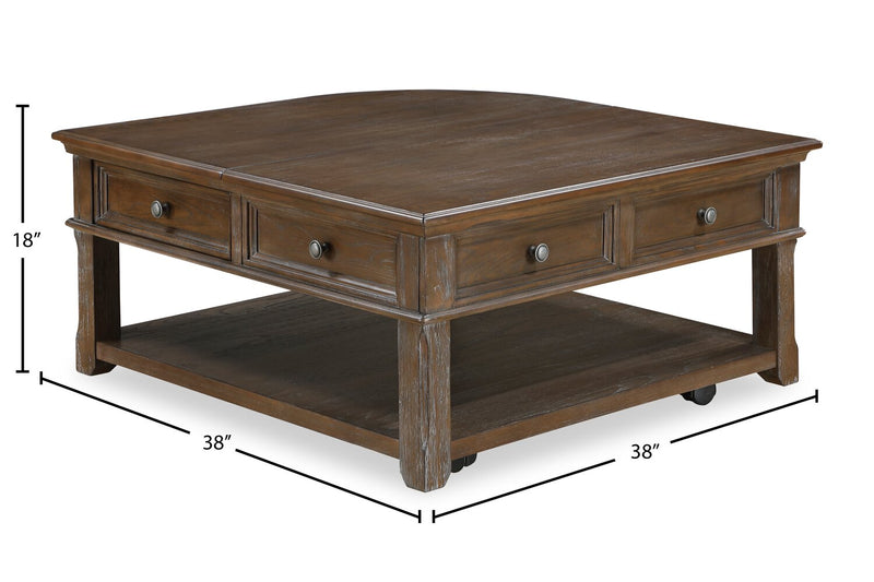 Table à café traditionnelle Weston de 38 po avec dessus relevable, rangement et roulettes - orme brun