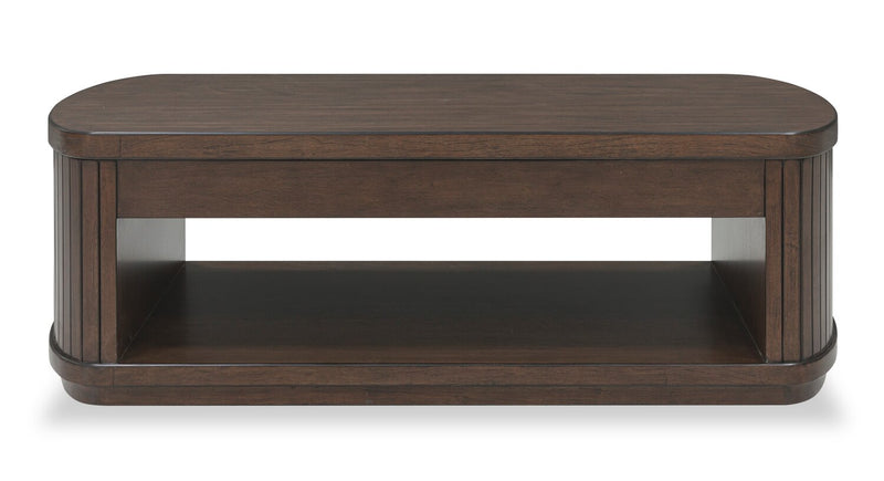 Table à café moderne Vernon de 56 po en bois massif avec dessus relevable, rangement, tablette et roulettes - brun foncé