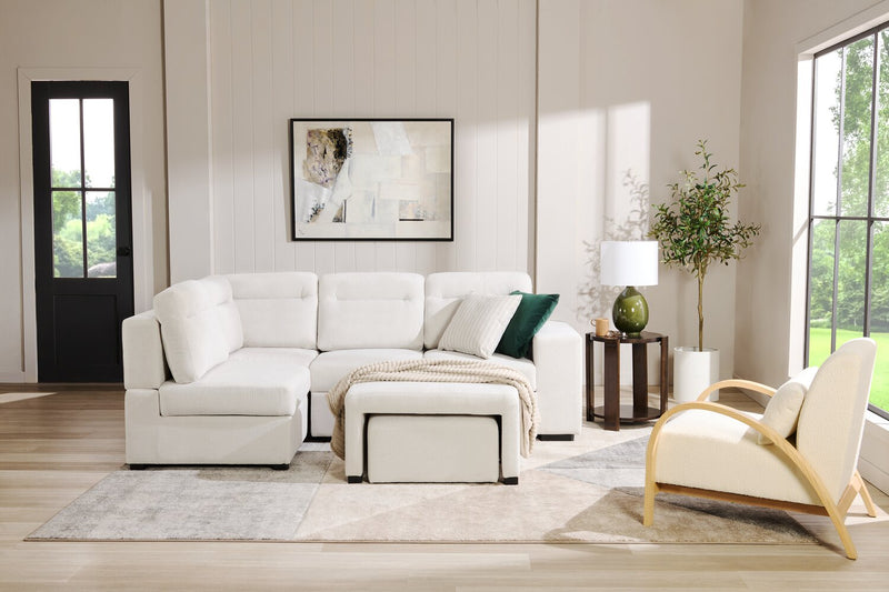 Sofa-lit sectionnel de gauche Coast 3 pièces en tissu blanc ivoire avec fauteuil long de rangement et accoudoir de rangement