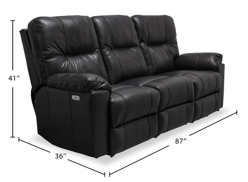Sofa à inclinaison électrique Dawson de 87 po fabriqué au Canada en cuir véritable avec port USB et oussins décoratifs - noir