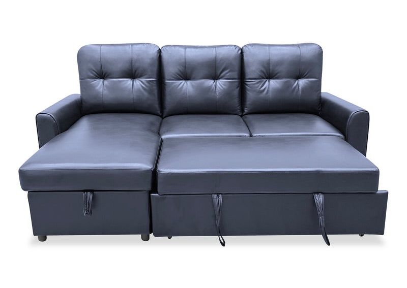 Sofa-lit sectionnel de gauche Carter 2 pièces en tissu d’apparence cuir avec fauteuil long de rangement - noir