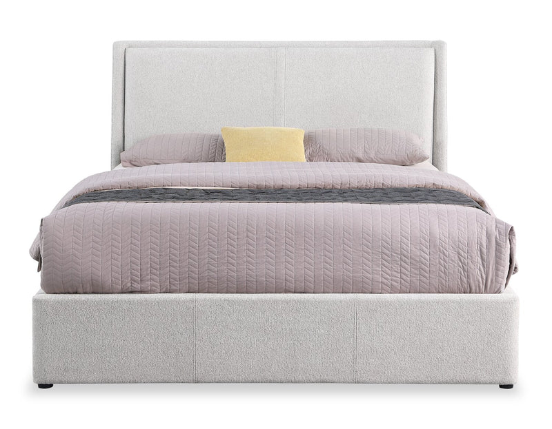 Lit plateforme rembourré Nico en tissu de polyester Taupe avec rangement et levage hydraulique - format très grand lit