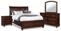 Ensemble de chambre à coucher Chelsea 6 pièces avec lit de rangement, commode, miroir et table de nuit, brun cerisier - format très grand lit