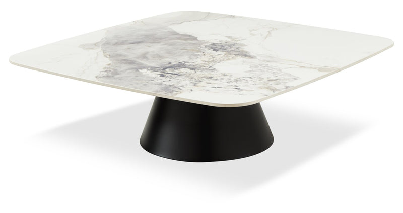 Ensemble table à café de 39,5 po et table de bout modernes Hazel avec dessus en pierre frittée blanche - noir et blanc