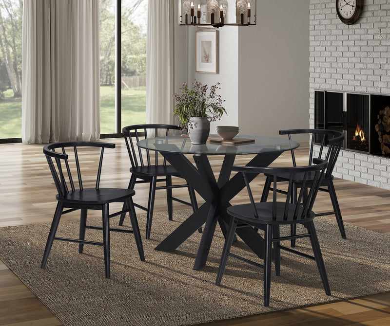 Ensemble de salle à manger Remi 5 pièces en verre et bois avec table ronde de 42 po (L) et 4 chaises à dossier à barreaux en forme de fuseau - noir