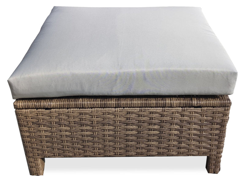 Ensemble de conversation Miami 3 pièces pour la terrasse à l’extérieur avec sofa, pouf et table à café à dessus en verre - osier en résine tressé à la main, résistant aux rayons UV et aux intempéries - brun et taupe