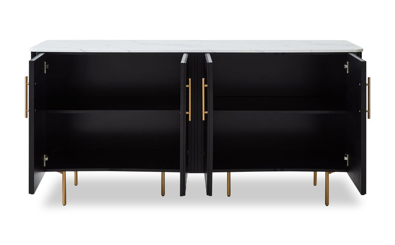 Desserte de salle à manger Capri de Kort & Co. de 66 po (L) avec rangement, dessus en imitation de marbre et touches dorées - noire et blanche