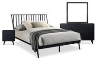 Ensemble de chambre à coucher Milan 6 pièces de style moderne du milieu du 20e siècle avec lit, commode, miroir et table de nuit, noir - grand lit