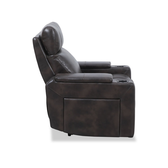 Fauteuil à inclinaison électrique Scott Living Escape de 39 po avec appuie-tête électrique et son ambiophonique - tissu d’apparence cuir brun foncé