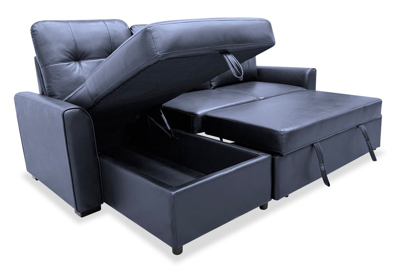 Sofa-lit sectionnel de gauche Carter 2 pièces en tissu d’apparence cuir avec fauteuil long de rangement - noir