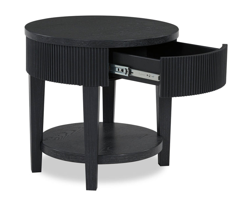 Table de bout ronde contemporaine Sanford de 24 po en bois massif avec rangement - noire