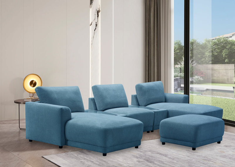 Sofa sectionnel modulaire de gauche Voyage 6 pièces en tissu avec console et pouf - bleu