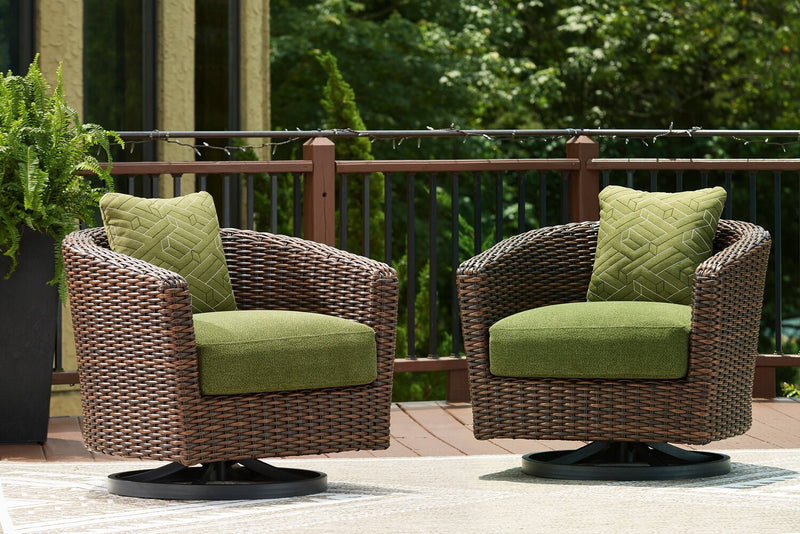 Fauteuil pivotant Tofino pour la terrasse à l’extérieur - osier en résine, résistant aux rayons UV et aux intempéries - vert, brun et noir