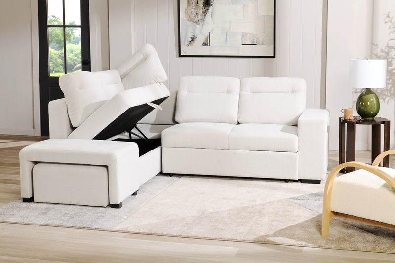 Sofa-lit sectionnel de gauche Coast 3 pièces en tissu blanc ivoire avec fauteuil long de rangement et accoudoir de rangement