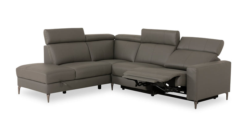 Sofa sectionnel de gauche à inclinaison électrique Valentino 3 pièces en cuir véritable avec appuie-têtes réglables - gris