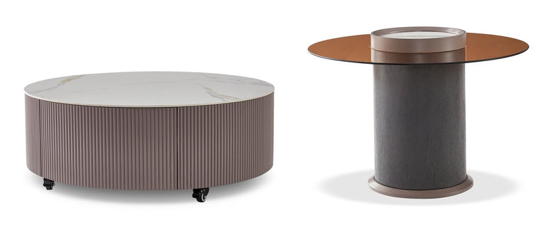 Table à café ronde moderne Circa de 31,5 po avec dessus en pierre frittée blanche, rangement et roulettes - taupe-gris