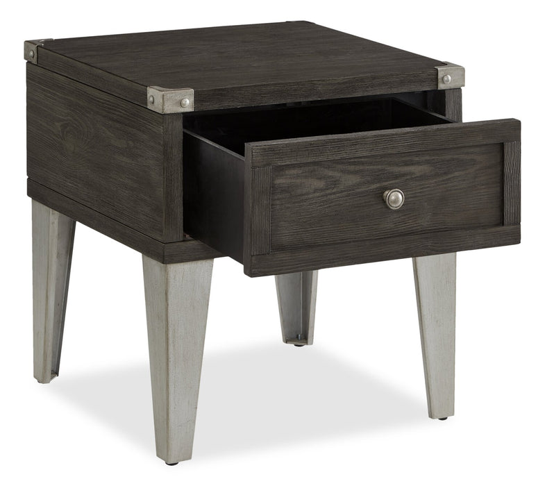 Table de bout industrielle London de 19 po - fini en bois gris et pattes en métal argenté   