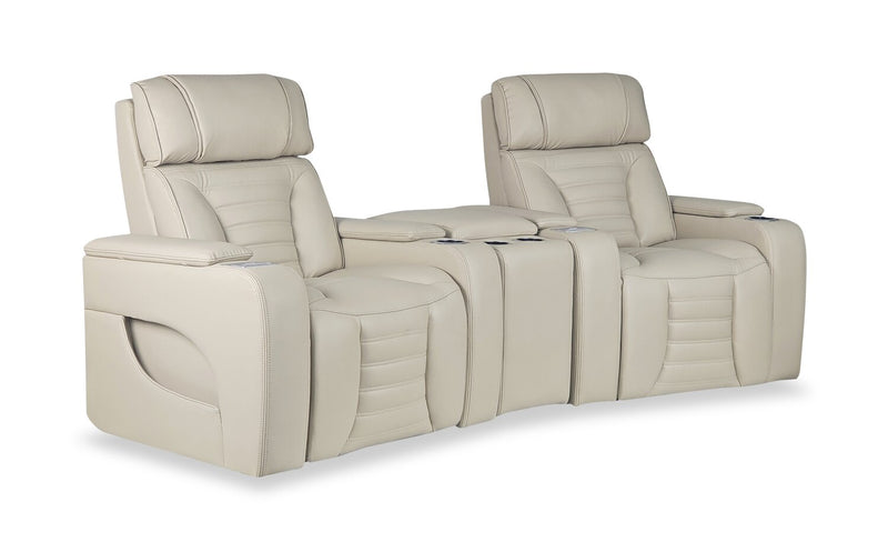 Sofa sectionnel à inclinaison électrique Zen 3 pièces de style cinéma maison en tissu d’apparence cuir avec massage et console de rangement - abricot