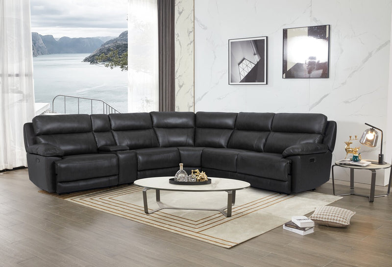 Sofa sectionnel à inclinaison électrique Sorrento 6 pièces en cuir véritable avec console de rangement et port USB - gris anthracite
