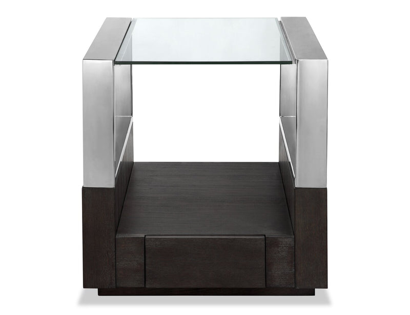 Table de bout moderne Perrin de 24 po avec dessus de table en verre, rangement et tablette - graphite