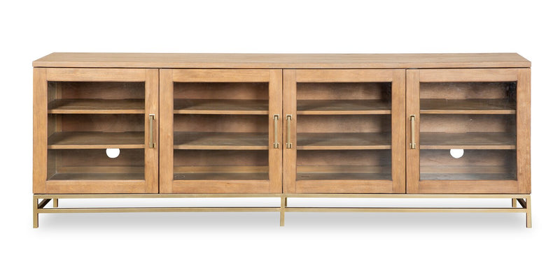 Meuble pour téléviseur moderne Cresset de 84 po en bois massif avec rangement et système de gestion des câbles pour téléviseurs jusqu’à 90 po - blé belge