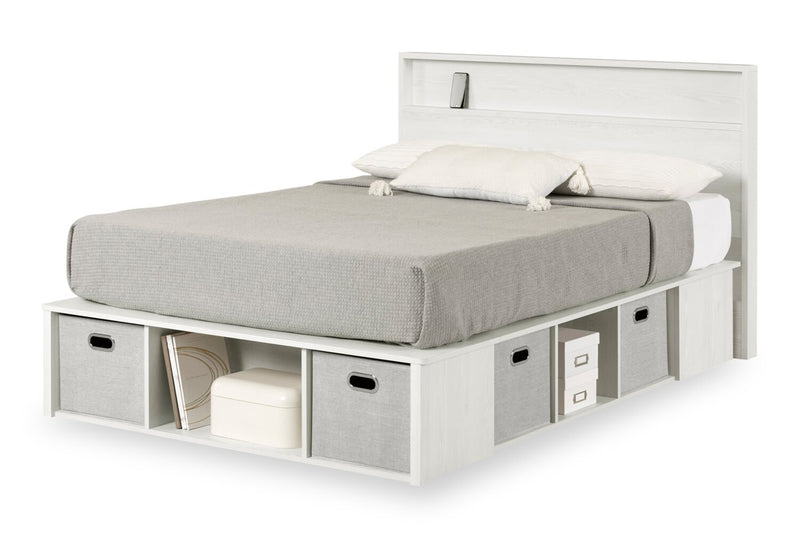 Ensemble lit plateforme Everley 5 pièces avec tête de lit à panneau, commode verticale et table de nuit, blanc - format lit double