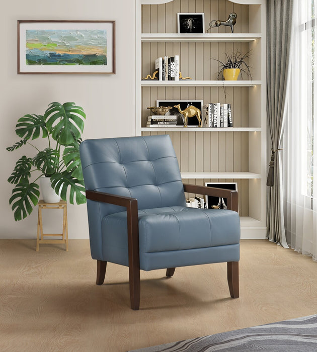 Fauteuil d’appoint Enzo de 26 po en cuir véritable avec capitonnage en biscuit, accoudoirs rectilignes et pattes en bois - bleu
