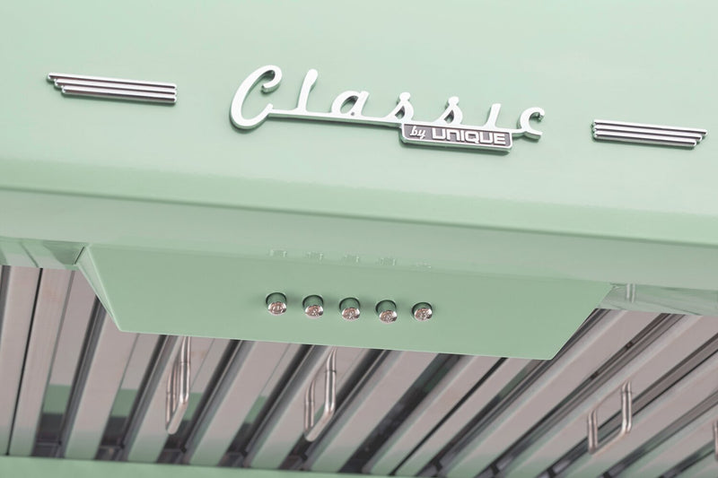 Hotte de cuisinière sous l’armoire Classic Rétro par Unique de 36 po et de 700 pi3/min - vert menthe estival - UGP-36CR RH LG