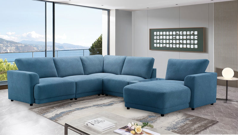Sofa sectionnel modulaire de droite Voyage 6 pièces en tissu avec console et coussins de dossier amovibles - bleu