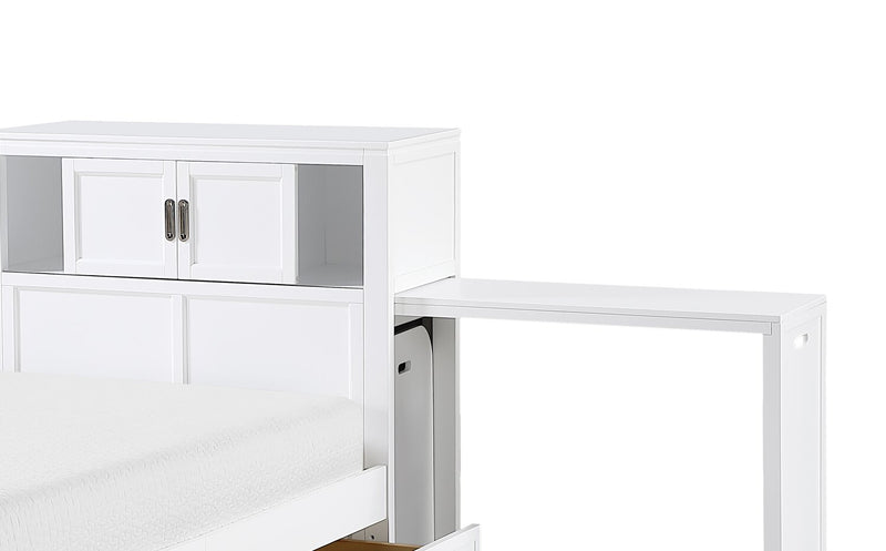 Lit plateforme Quinn avec tête de lit bibliothèque, bureau intégré et tabouret, blanc - format lit simple
