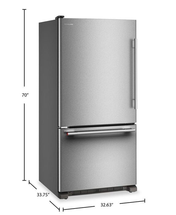 Réfrigérateur KitchenAid de 22 pi³ et de 33 po de profondeur standard à congélateur inférieur - KRBL133SPS