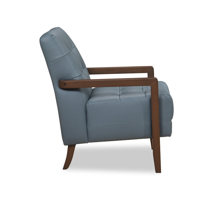 Fauteuil d’appoint Enzo de 26 po en cuir véritable avec capitonnage en biscuit, accoudoirs rectilignes et pattes en bois - bleu