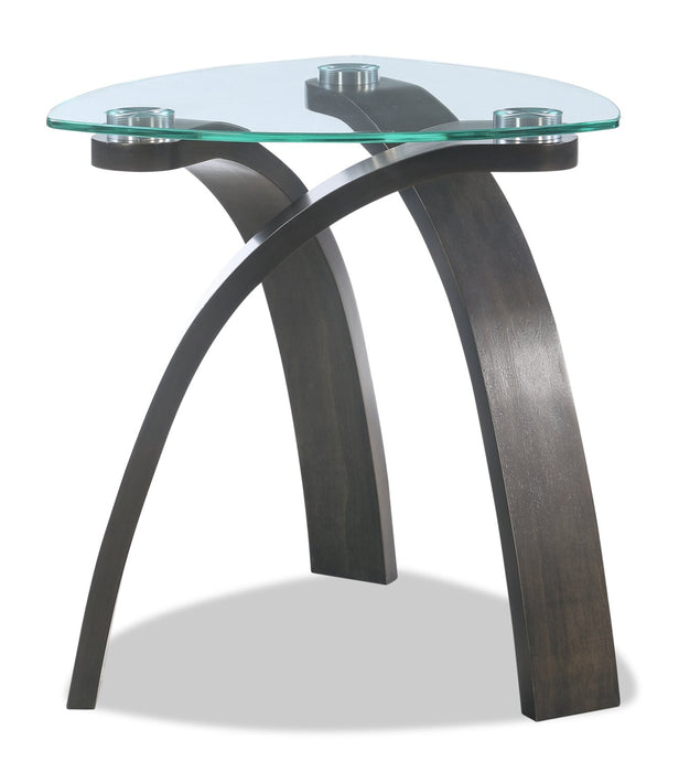 Table de bout moderne Jorja de 23,25 po avec dessus en verre - brune avec pattes en bois cintré