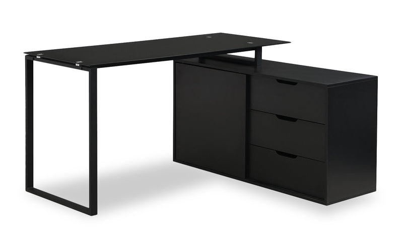 Bureau en forme de L Daniel de 55.11 po avec dessus en verre et rangement - noir