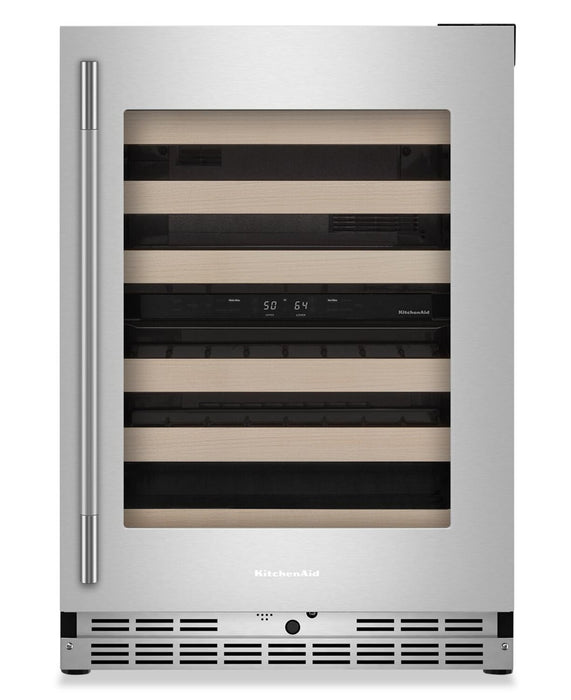 Cellier à vin KitchenAid de 24 po sous le comptoir avec grilles à extension complète à devant en bois - acier inoxydable -KUWR524SPS